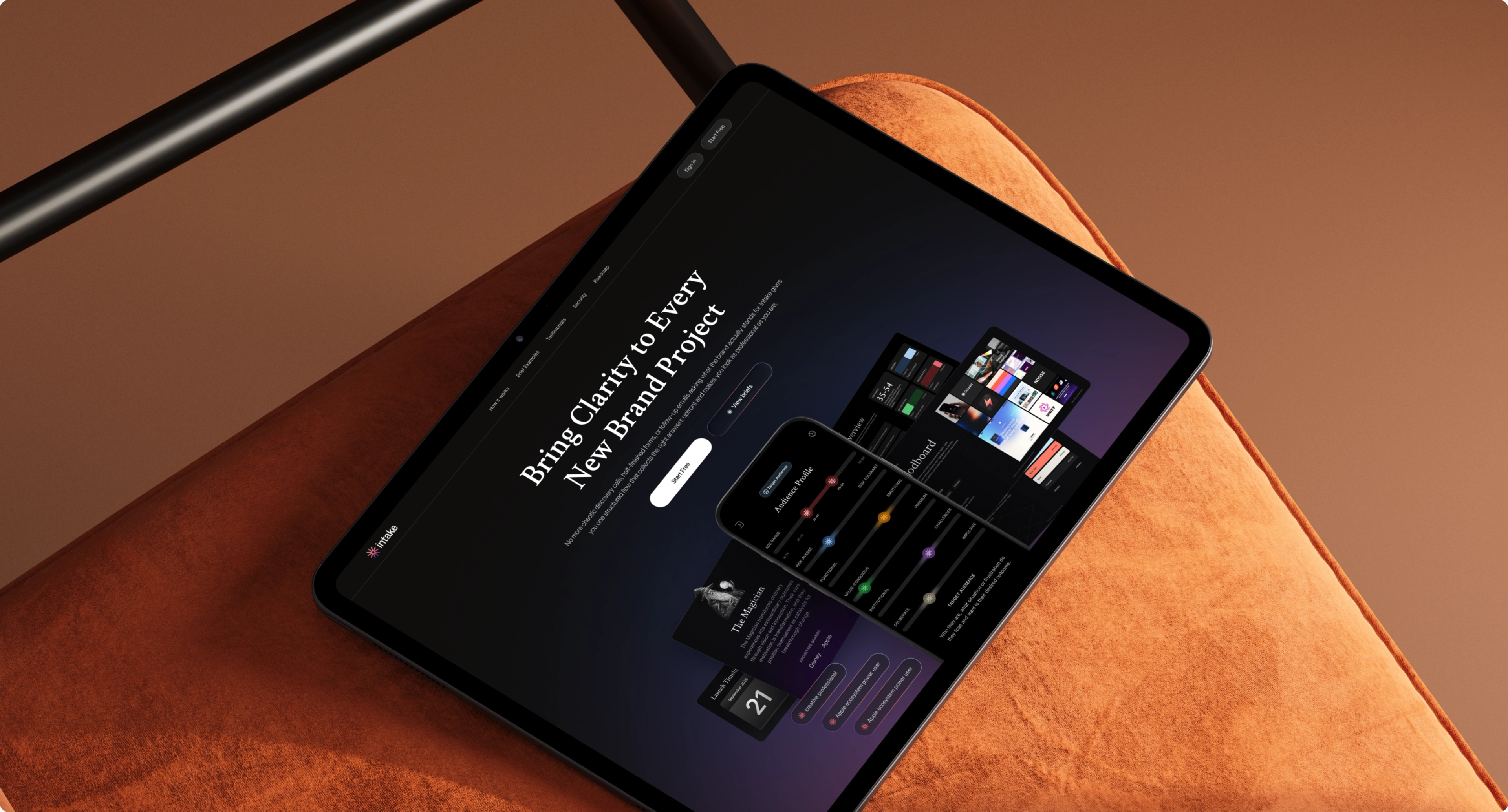 Intake brand discovery website on a tablet resting on an orange chair