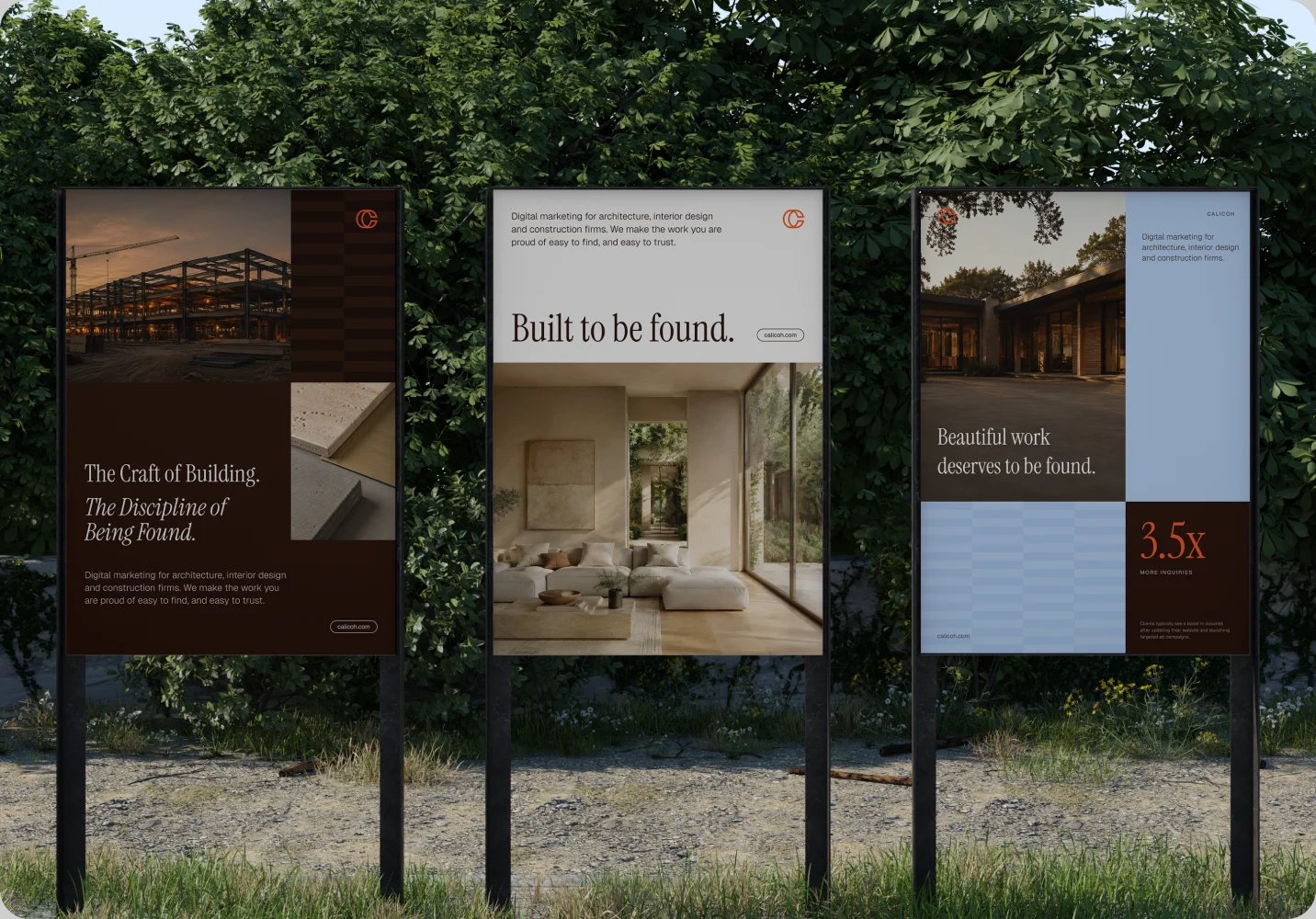 Three Calicoh posters on roadside stands in front of a hedge