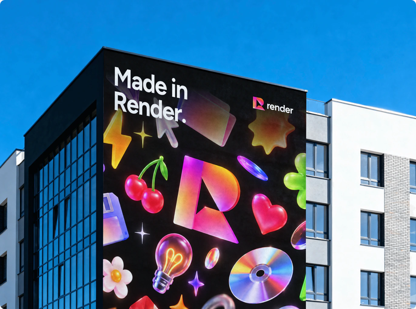 A Made in Render mural of 3D objects on the side of a building