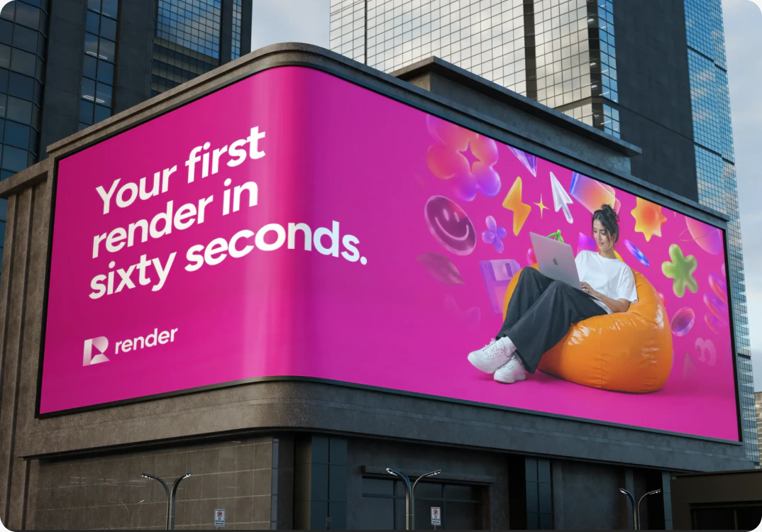 Your first render in sixty seconds: a Render ad wrapping a curved corner screen, a designer on a beanbag among 3D objects