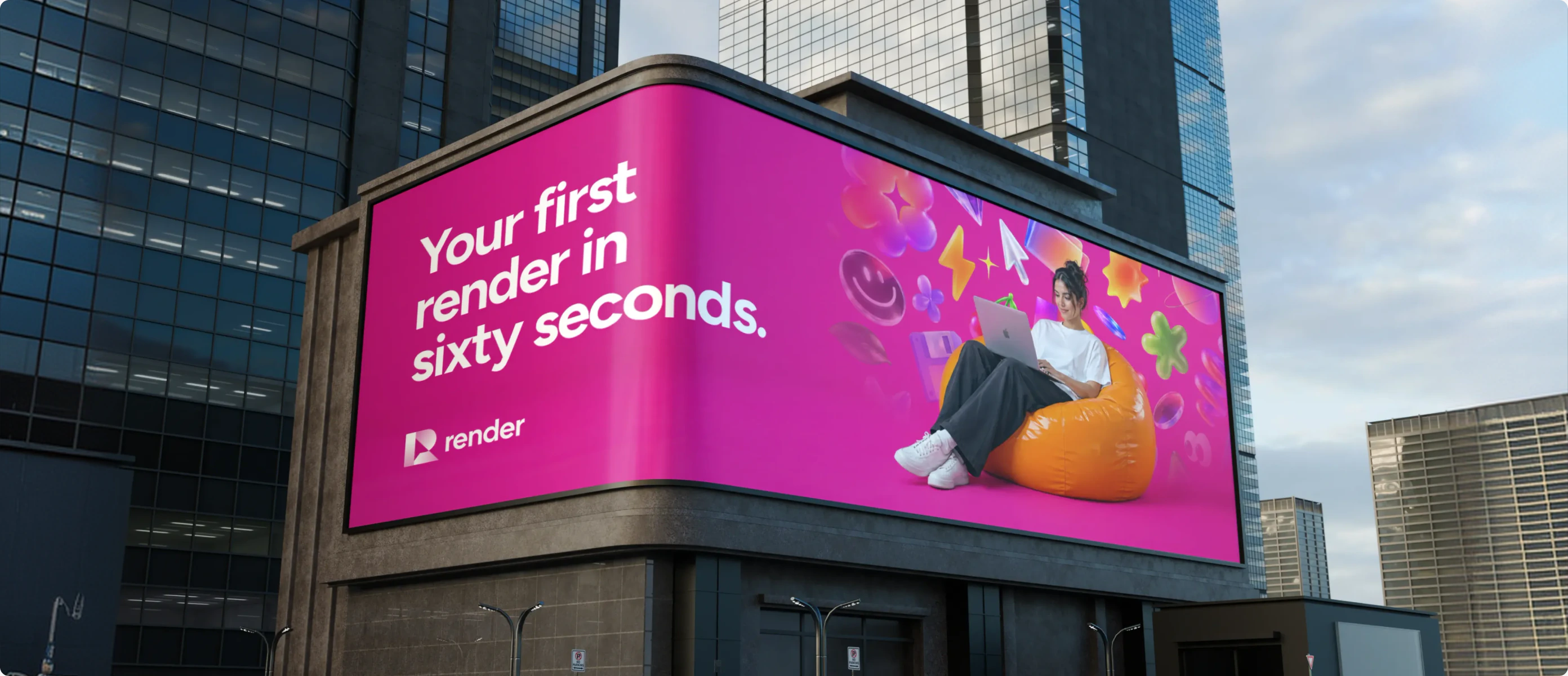 Your first render in sixty seconds: a Render ad wrapping a curved corner screen, a designer on a beanbag among 3D objects