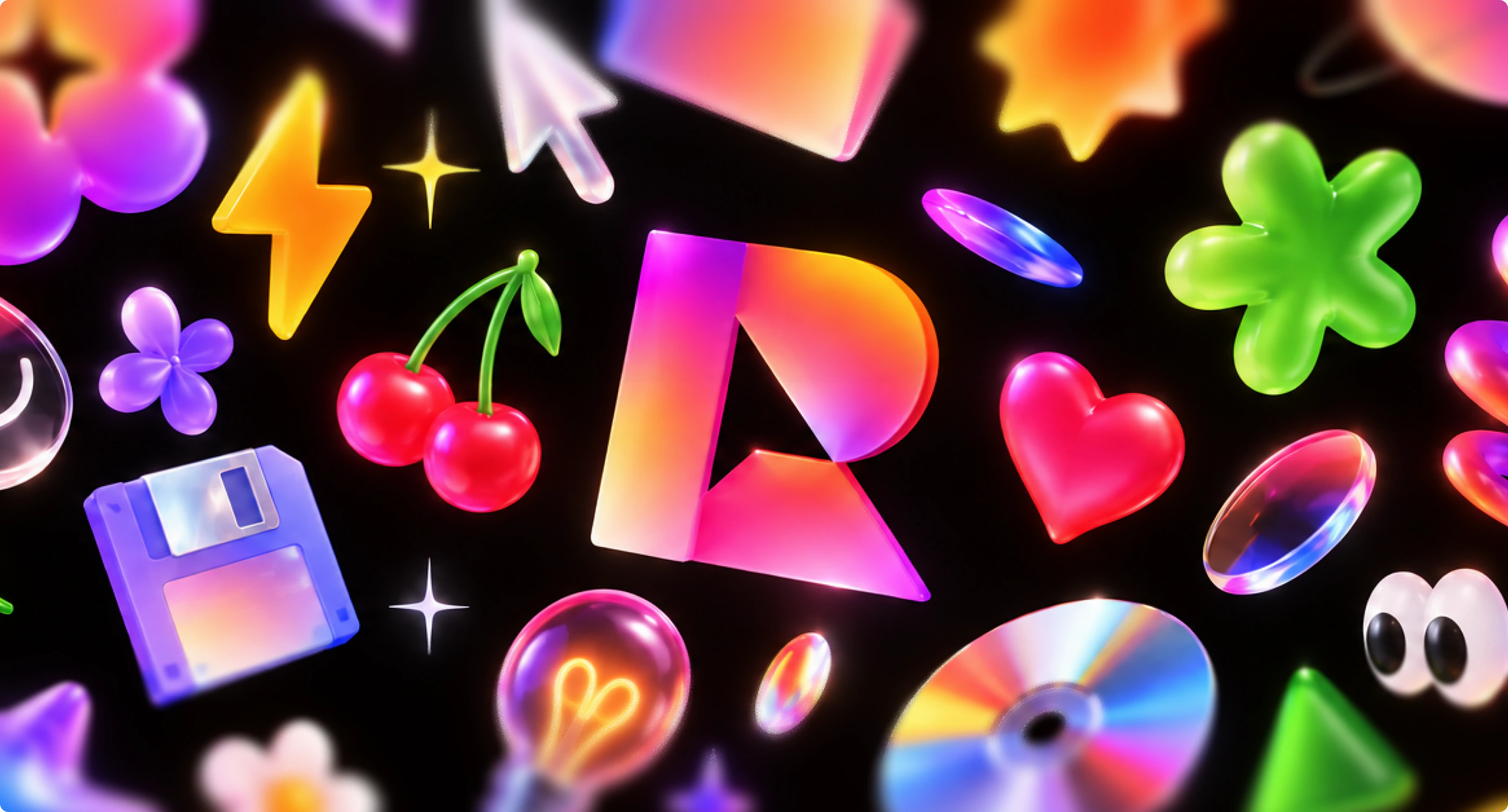 Glossy 3D objects around the Render R: cherries, a heart, a floppy disk, a light bulb and a CD