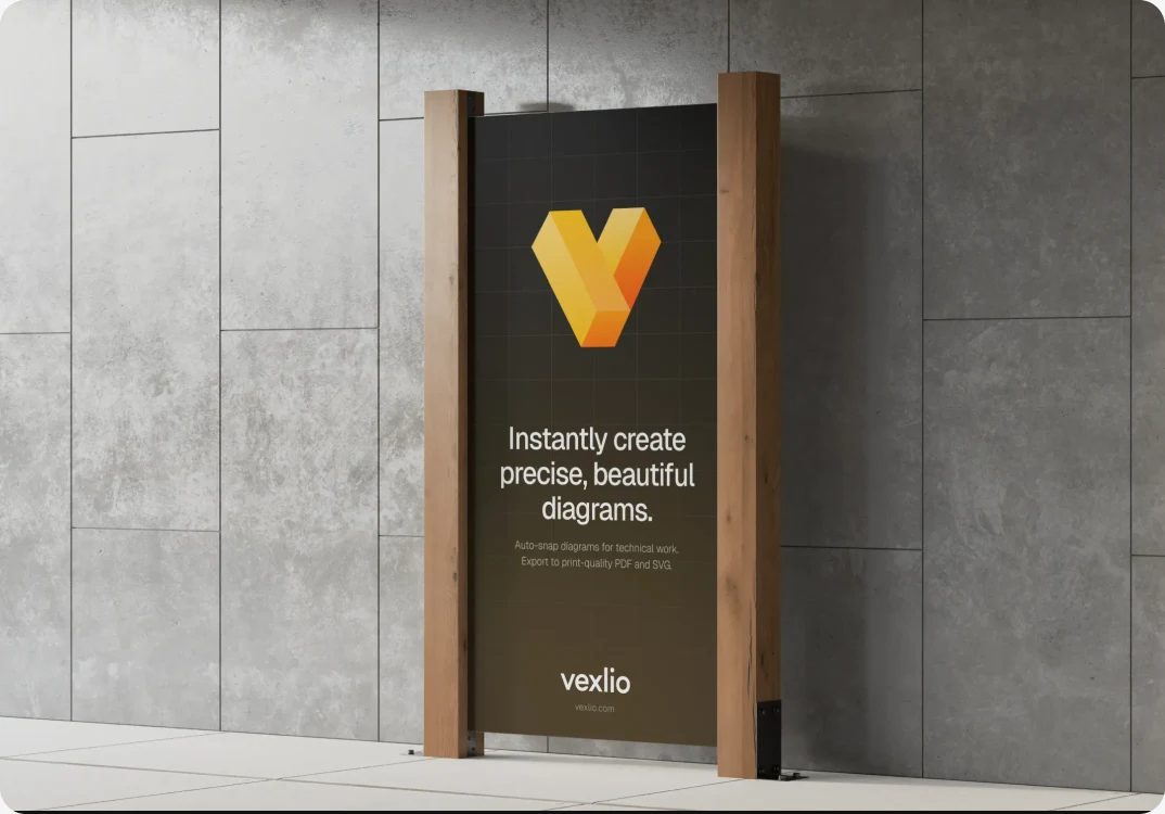 Vexlio poster between oak posts on a concrete wall