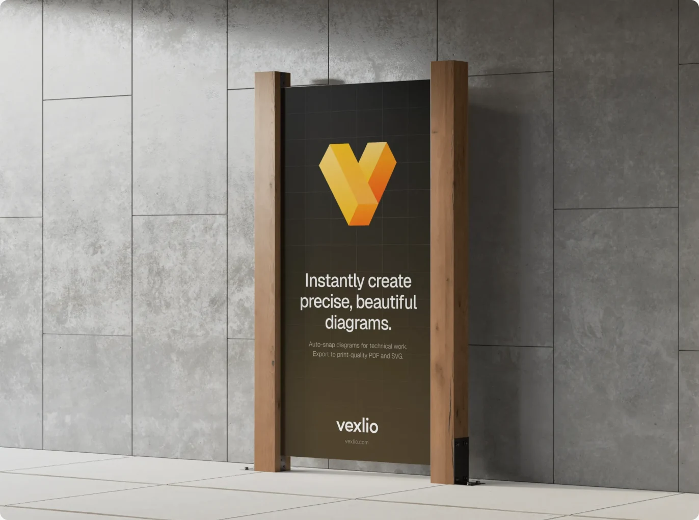 Vexlio poster between oak posts on a concrete wall
