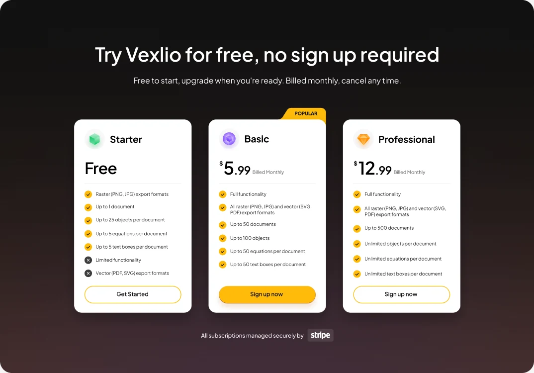 Vexlio pricing: Starter, Basic and Professional
