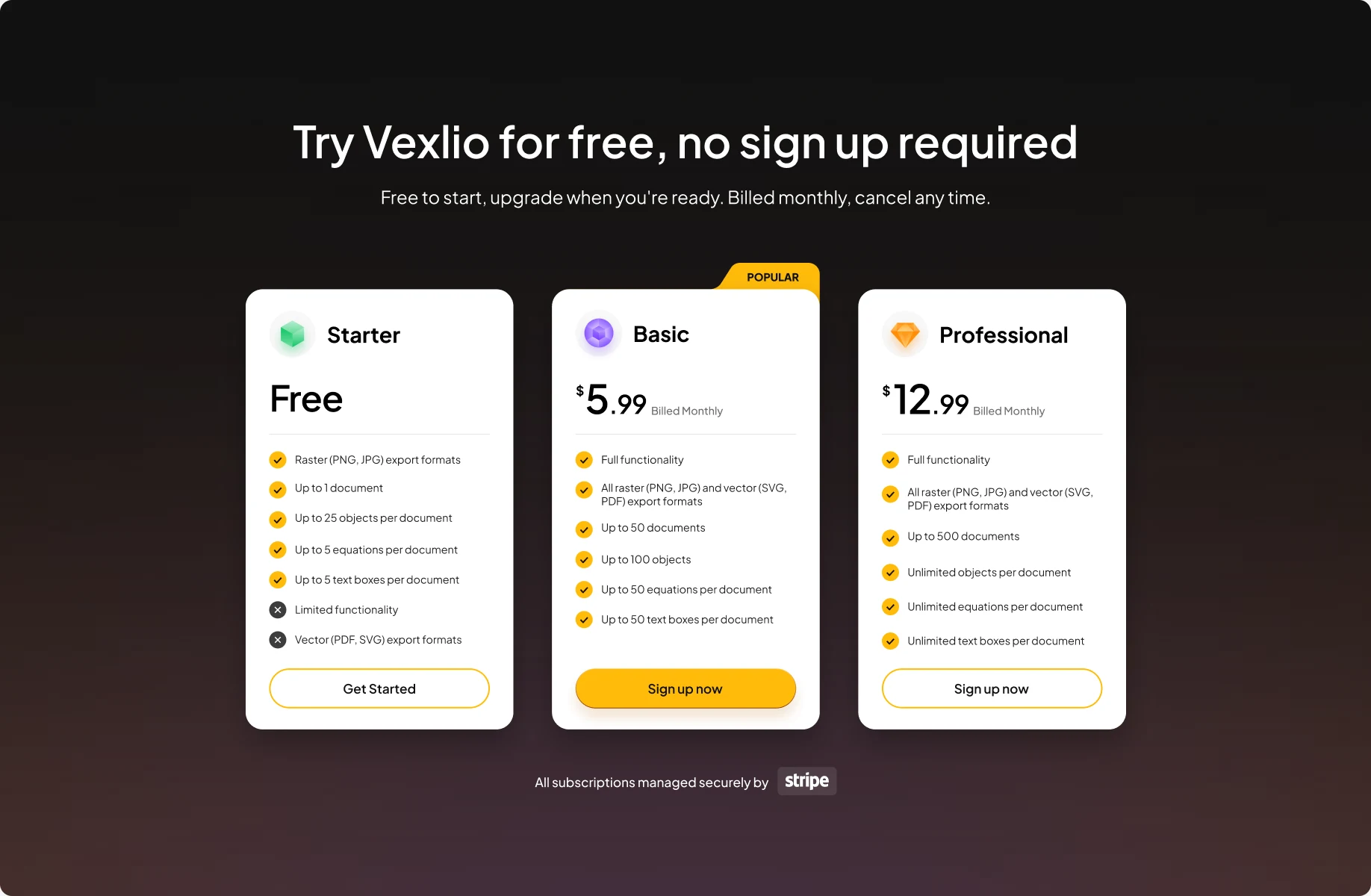Vexlio pricing: Starter, Basic and Professional